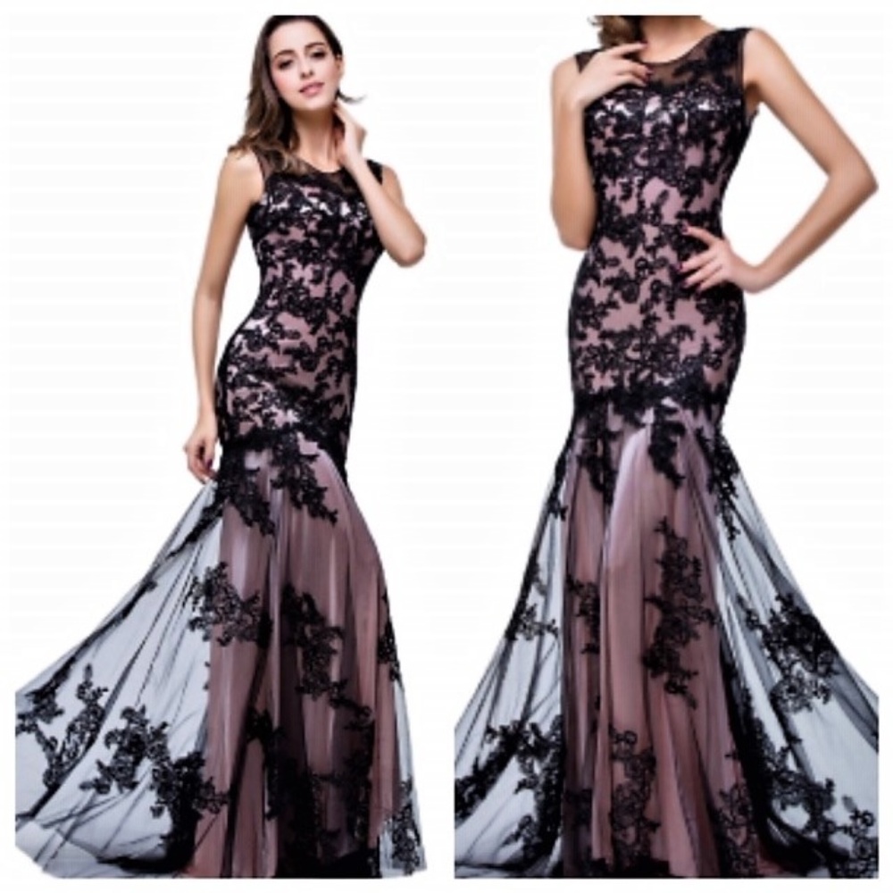 NWT boutique pink black lace mermaid gown size 8